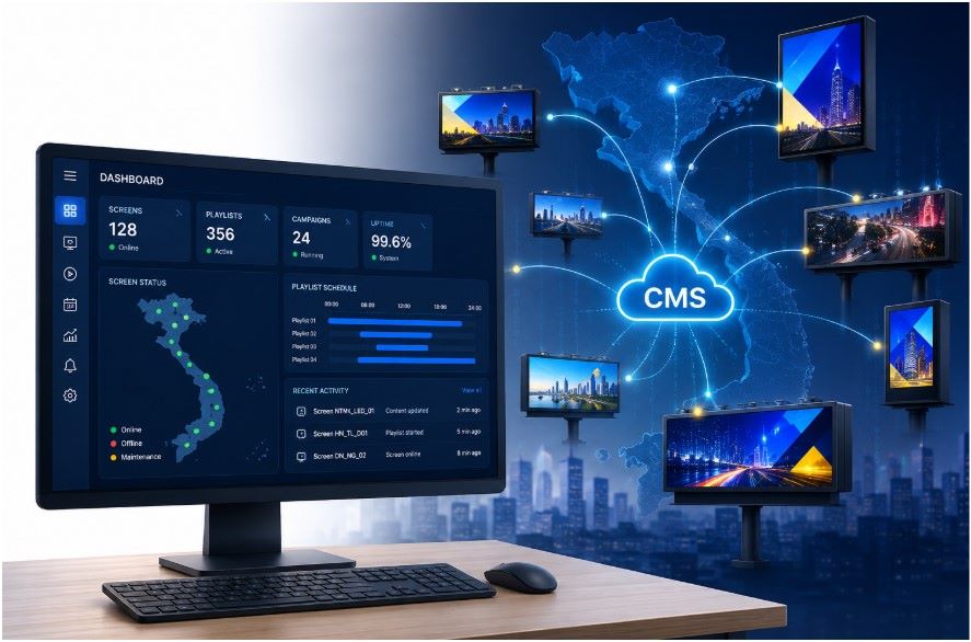 Từ một nền tảng CMS, toàn bộ hệ thống DOOH được quản trị tập trung. 